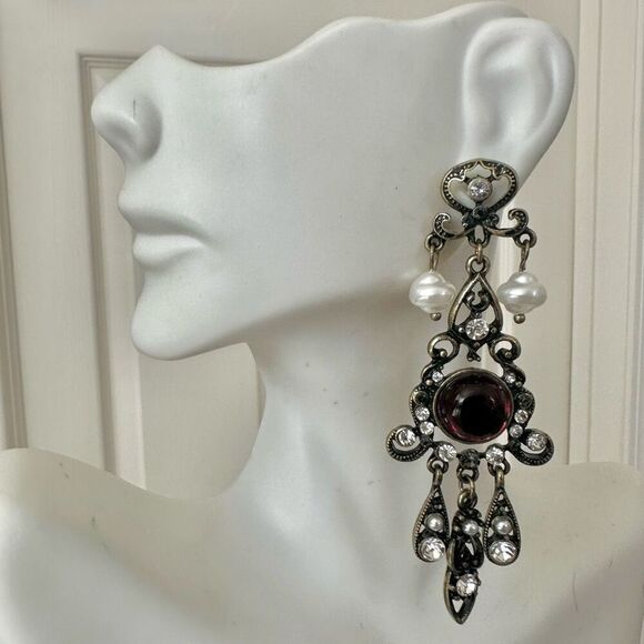 Red  faux pearl rhinestone long statement earrings - Picture 9 of 9